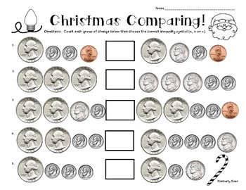 Christmas Comparing Coins Money Worksheet - Comparing Sets of Coins