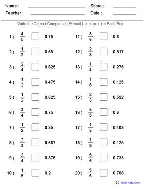 comparing decimals and fractions worksheet