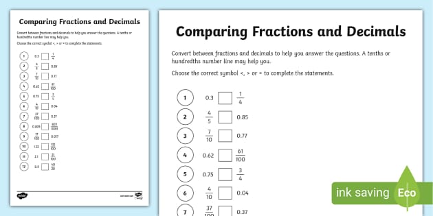 comparing decimals and fractions worksheet