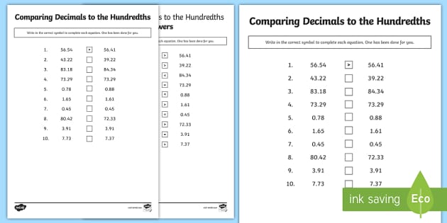 Comparing Decimals to the Hundredths Worksheet - Twinkl