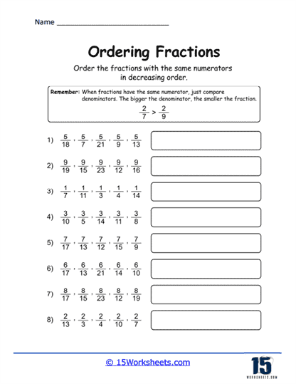 Ordering Fractions with same numerator or same denominators