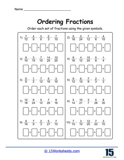 comparing fractions with unlike denominators worksheet