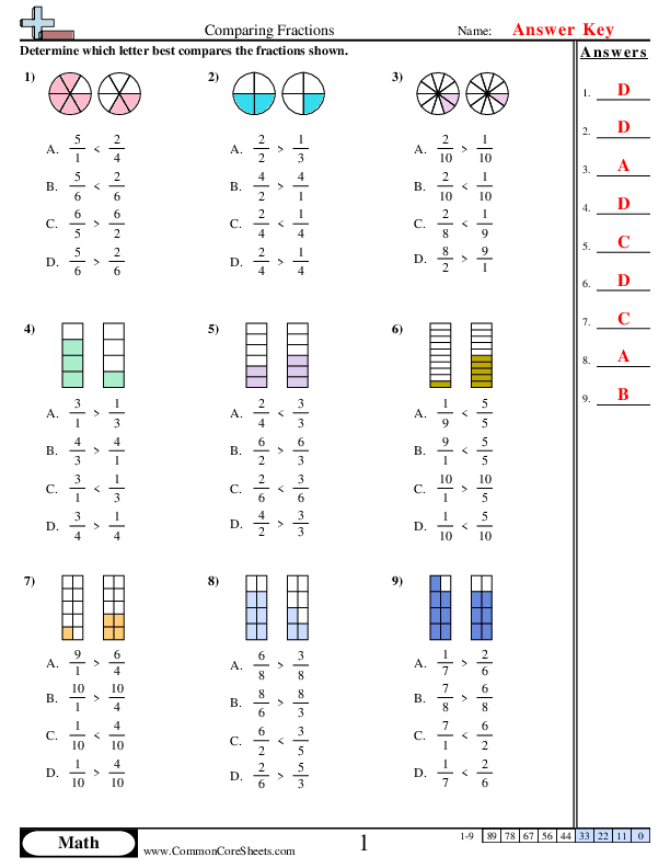 comparing fractions worksheet answers