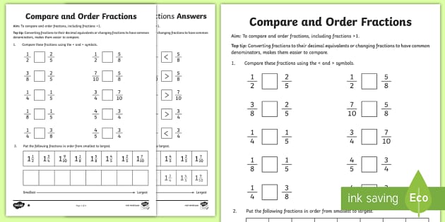 comparing fractions worksheet answers