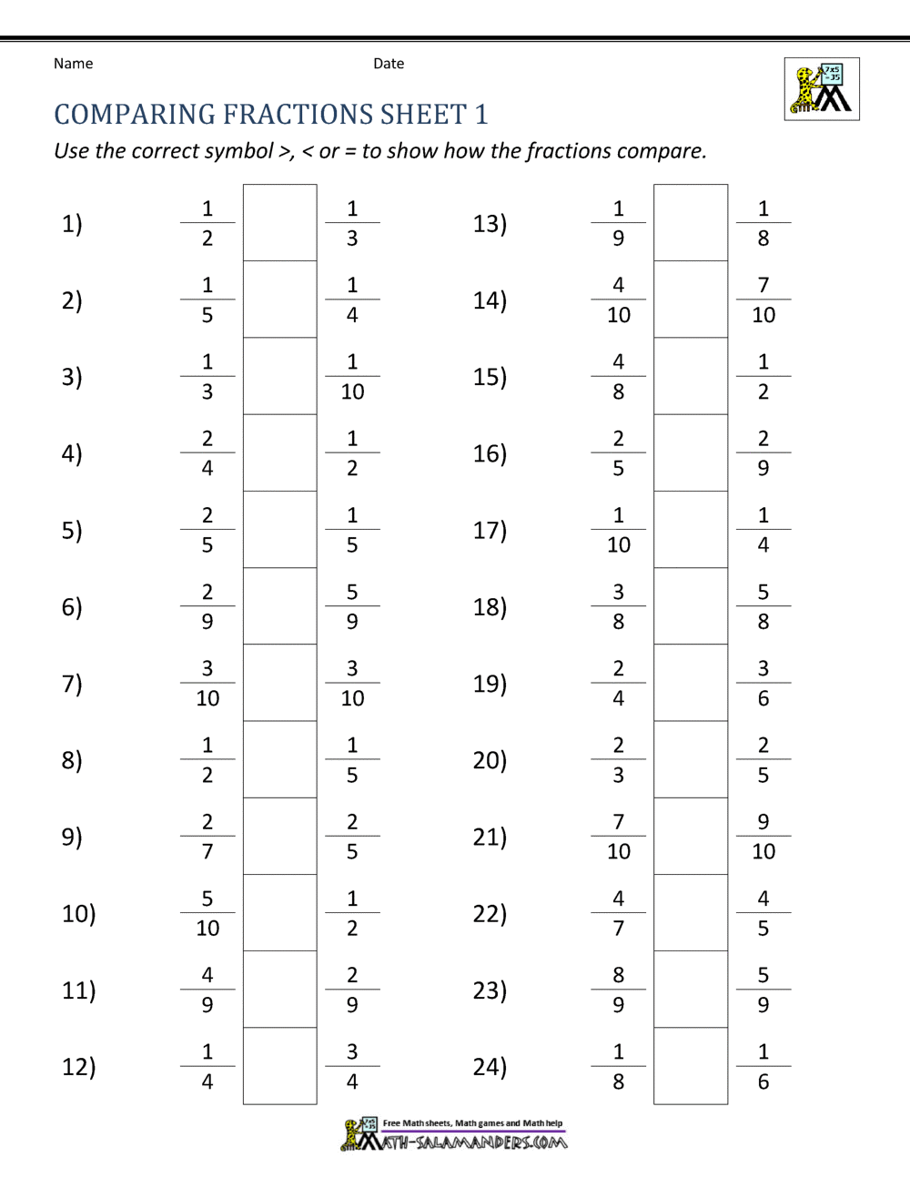 comparing fractions worksheet for