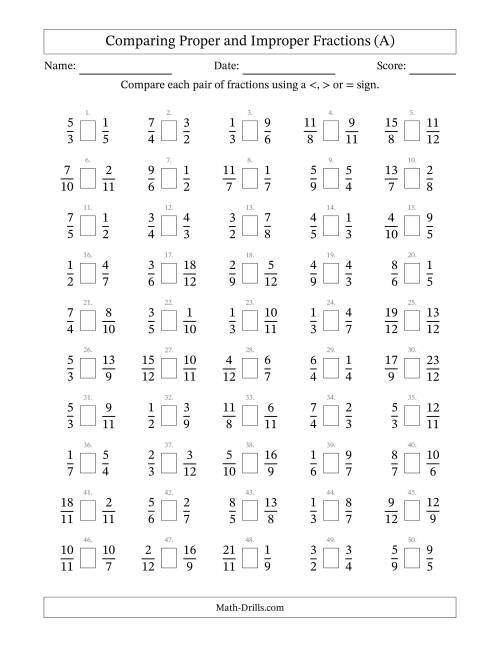 Comparing Proper and Improper Fractions to Twelfths (A)