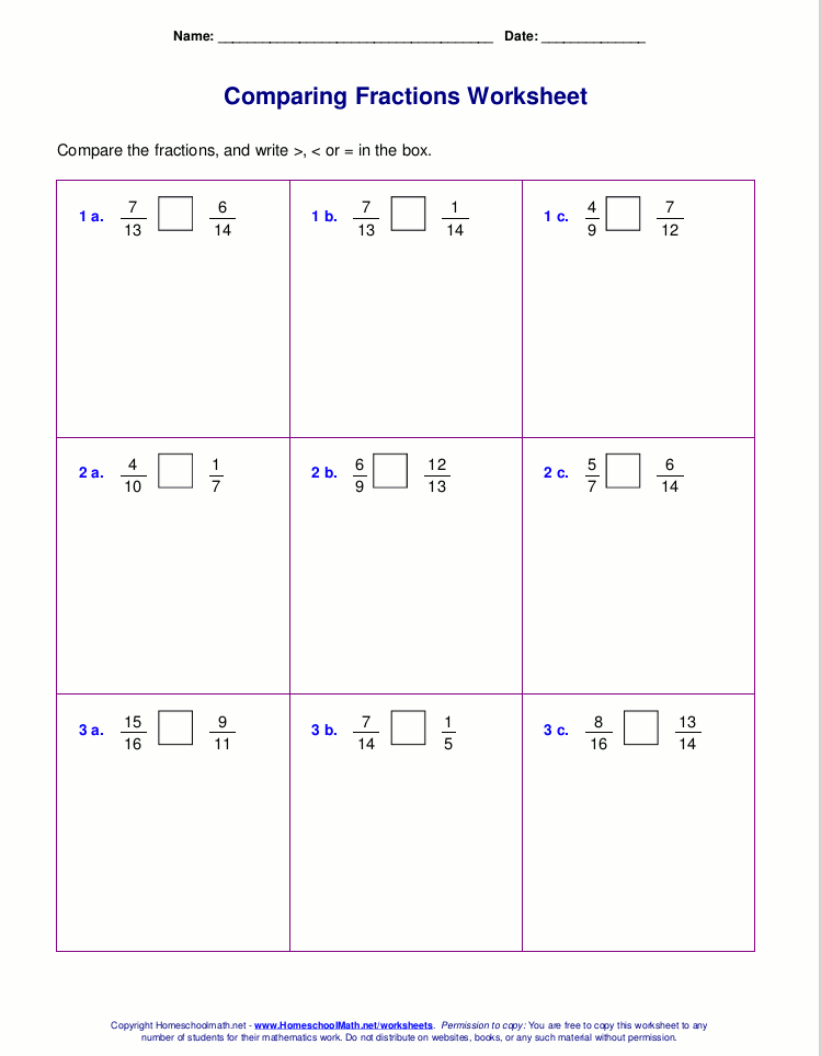 Free worksheets for comparing or ordering fractions