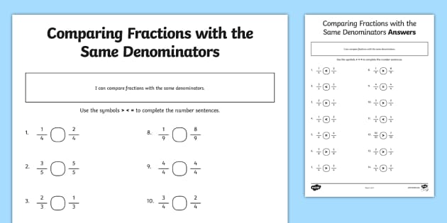 Comparing Fractions with Different Denominators Worksheet / Worksheet