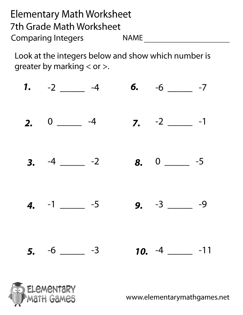 Free Printable Comparing Integers Worksheet for Seventh Grade