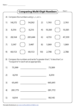 Comparing Multi-Digit Numbers Worksheets