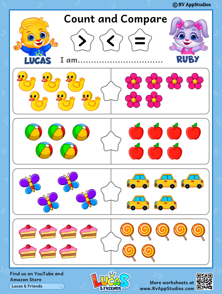 Free Colorful Printable for Kids to Count and Compare Numbers.