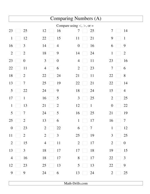 Comparing Numbers to 25 (A)