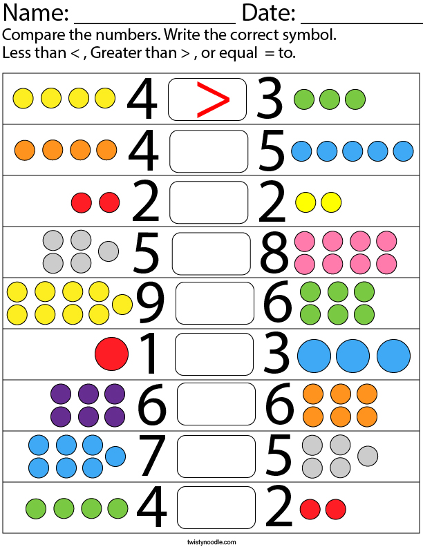 comparing one digit numbers worksheet kindergarten