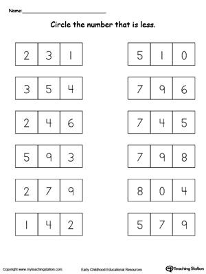 comparing one digit numbers worksheet kindergarten