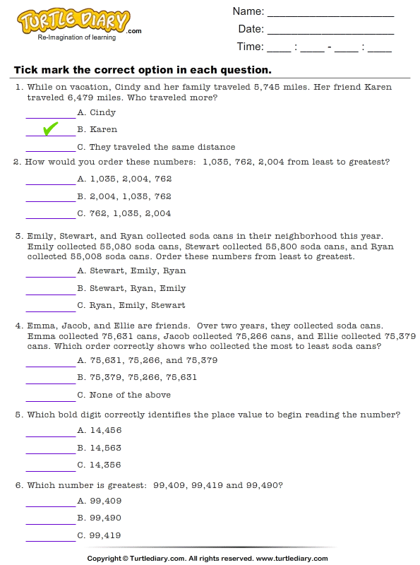 Comparing and Ordering Whole Numbers | Turtle Diary Worksheet