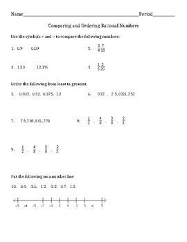 Comparing rational numbers worksheet | TPT