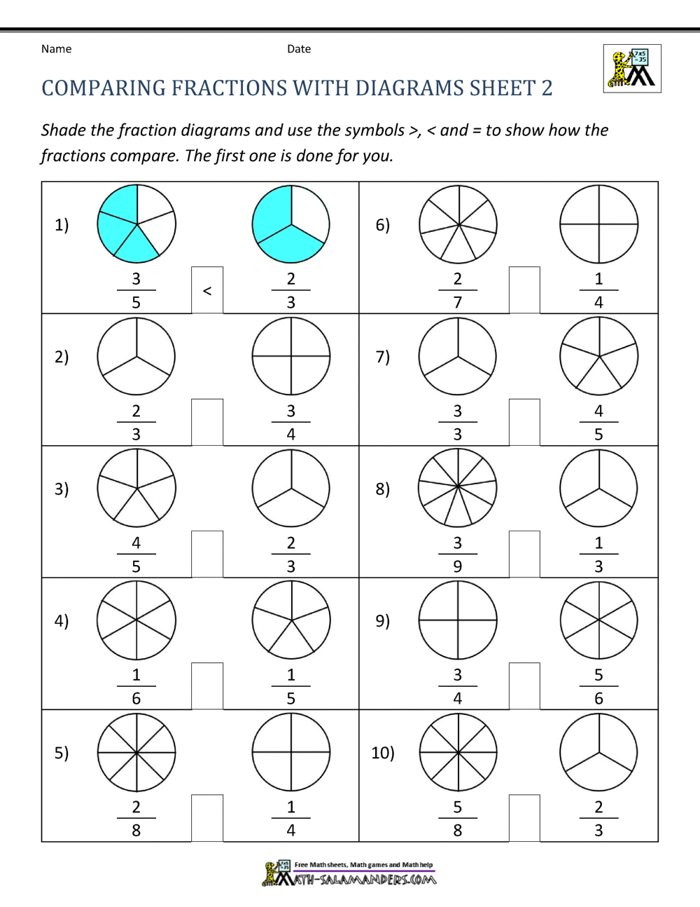 comparing unlike fractions worksheet