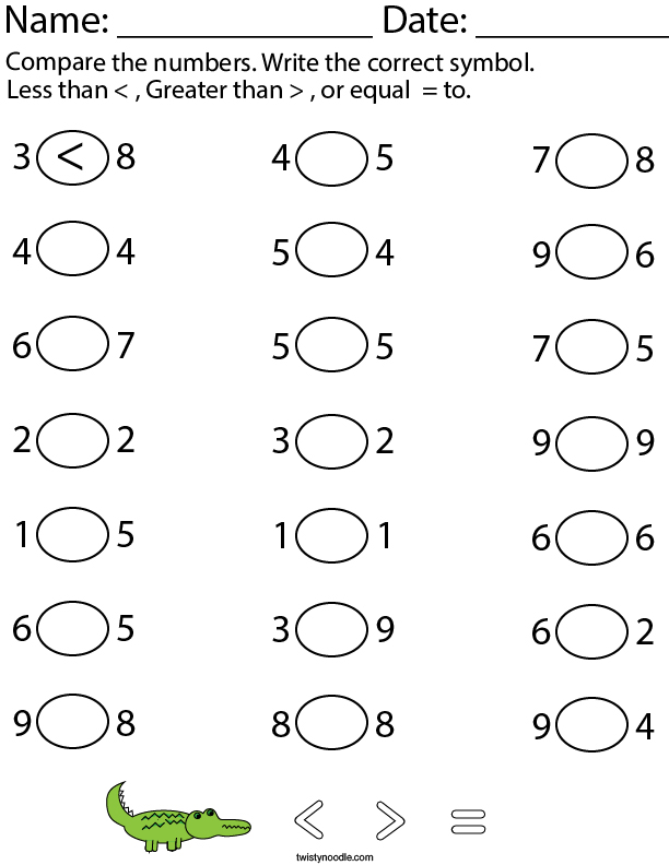 Comparing 2 Numbers- Kindergarten Math Worksheet - Twisty Noodle
