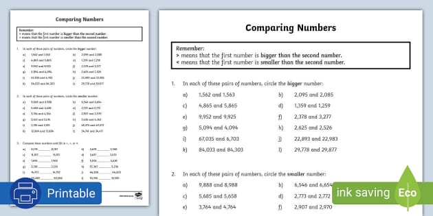 Comparing Numbers Worksheet - Intermediate Phase - Twinkl