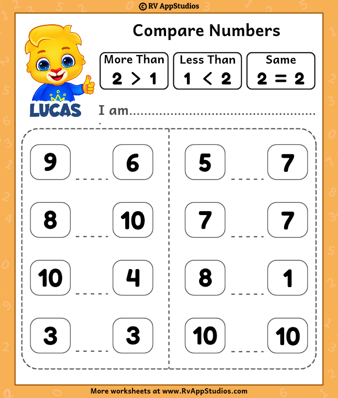 Compare Number Worksheets. Free Practice Math Printables for Kids.