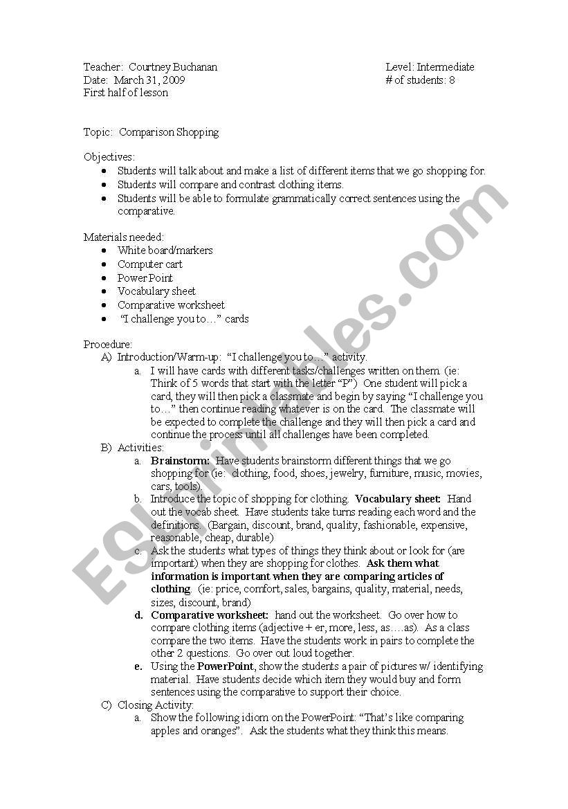 English worksheets: Comparison shopping