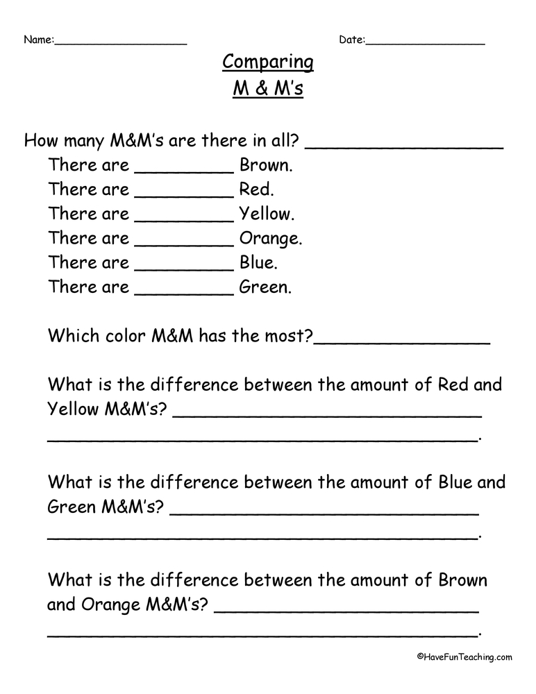 Comparing Numbers M& Ms Subtraction Worksheet  