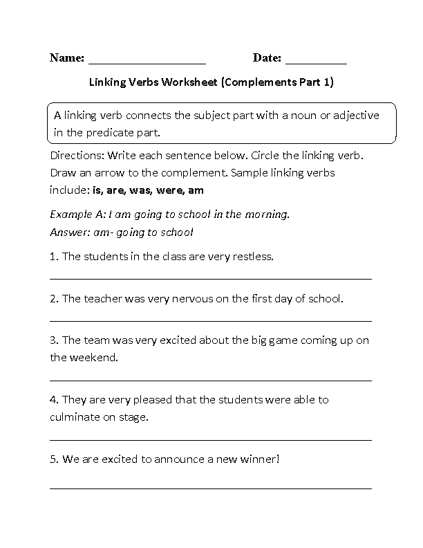 Linking Verbs Worksheets | Linking Verbs and Complements Worksheet