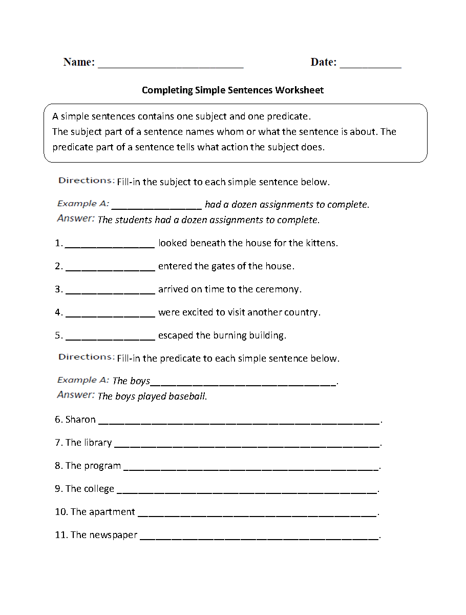 complete and simple subject worksheet