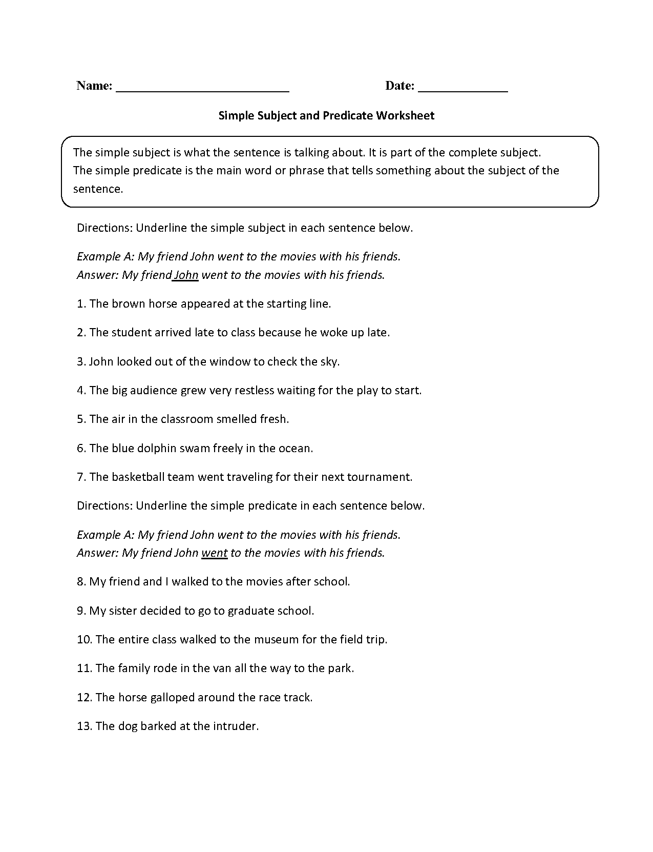 Subject and Predicate Worksheets | Simple Subject and Predicate ...