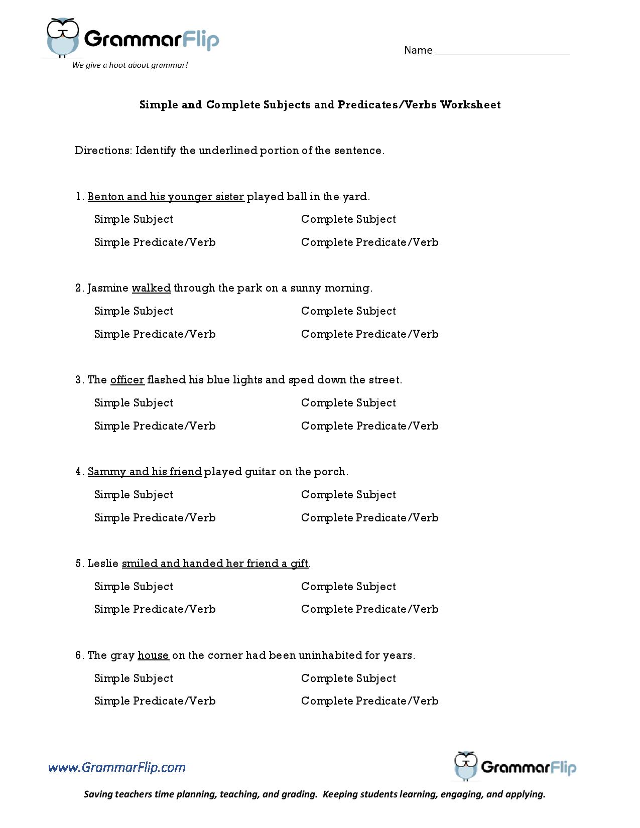 complete and simple subject worksheet