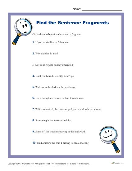 complete sentences and fragments worksheet