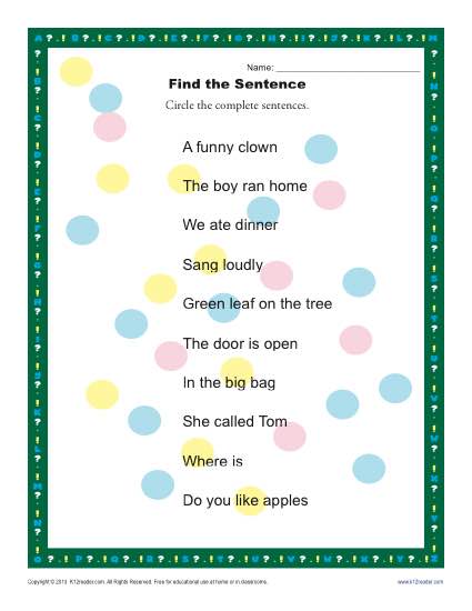 Find the Sentence | 1st and 2nd Grade Sentence Worksheets