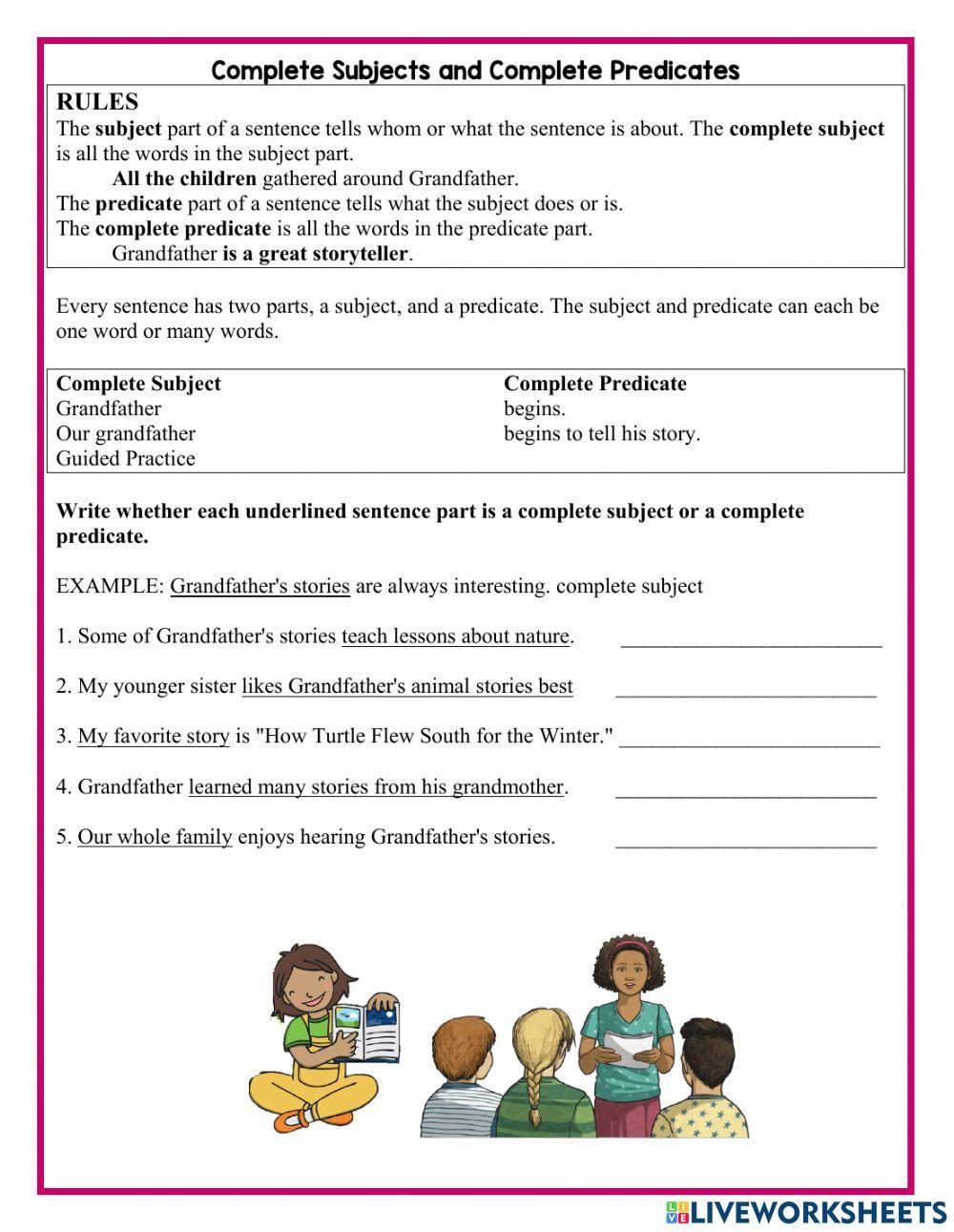 Subject and Predicate Examples and Worksheets | KidsKonnect ...