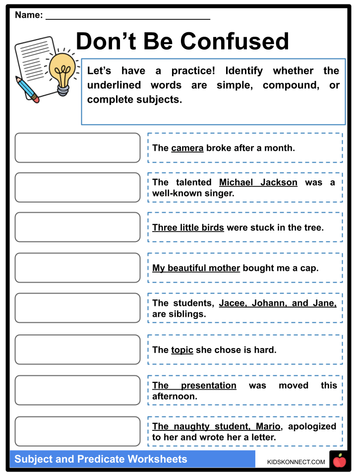 Subject and Predicate Examples and Worksheets | KidsKonnect