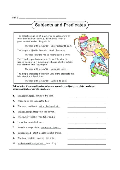 complete subjects and predicates worksheet