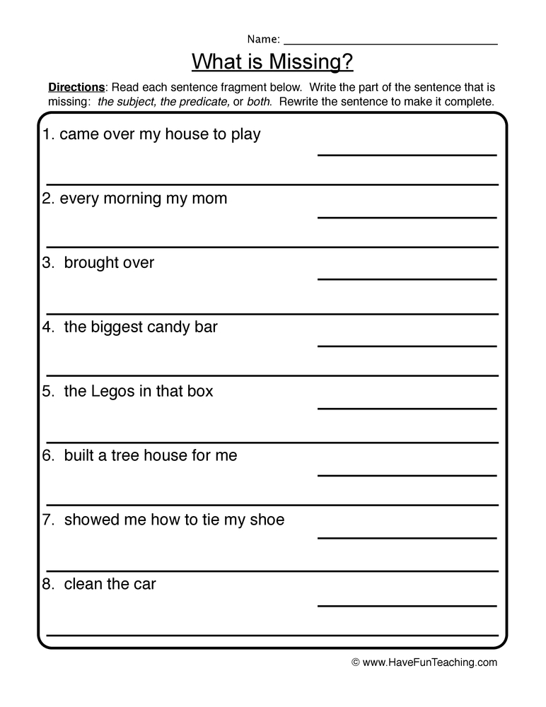 What is Missing? Complete Incomplete Sentences Worksheet - Have ...