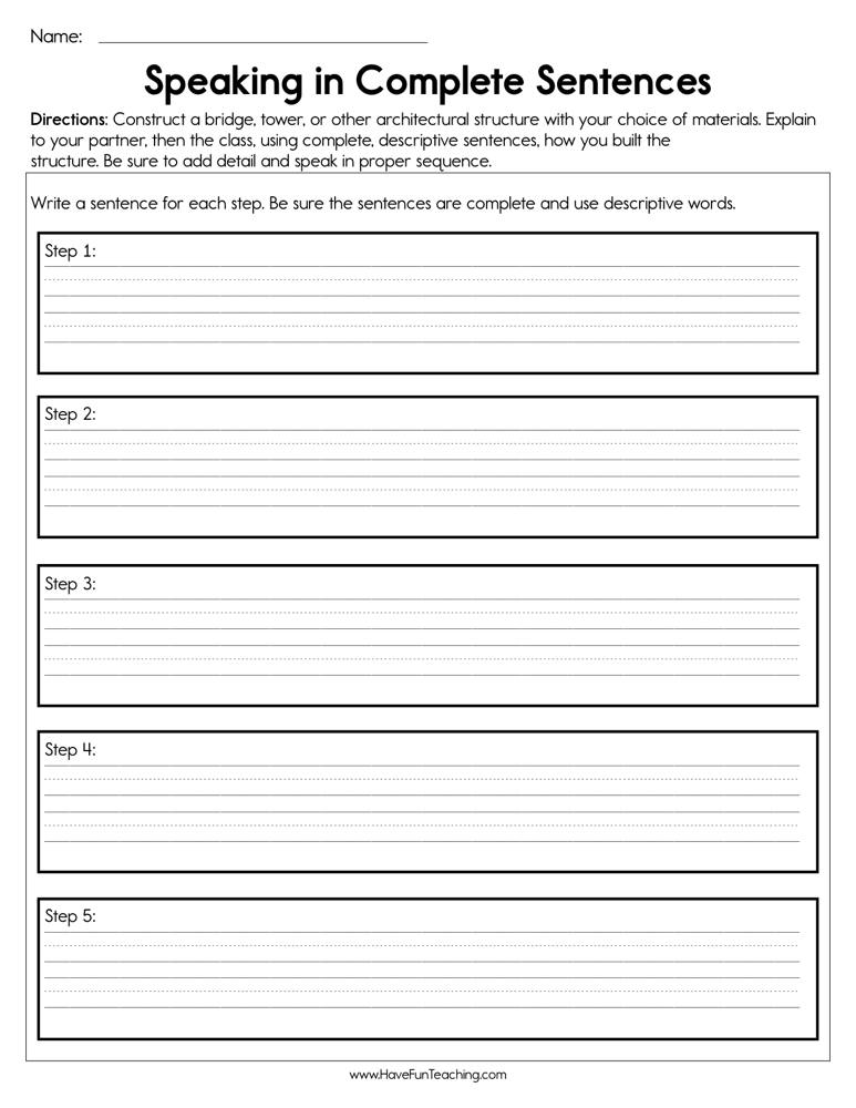 Speaking in Complete Sentences Worksheet  