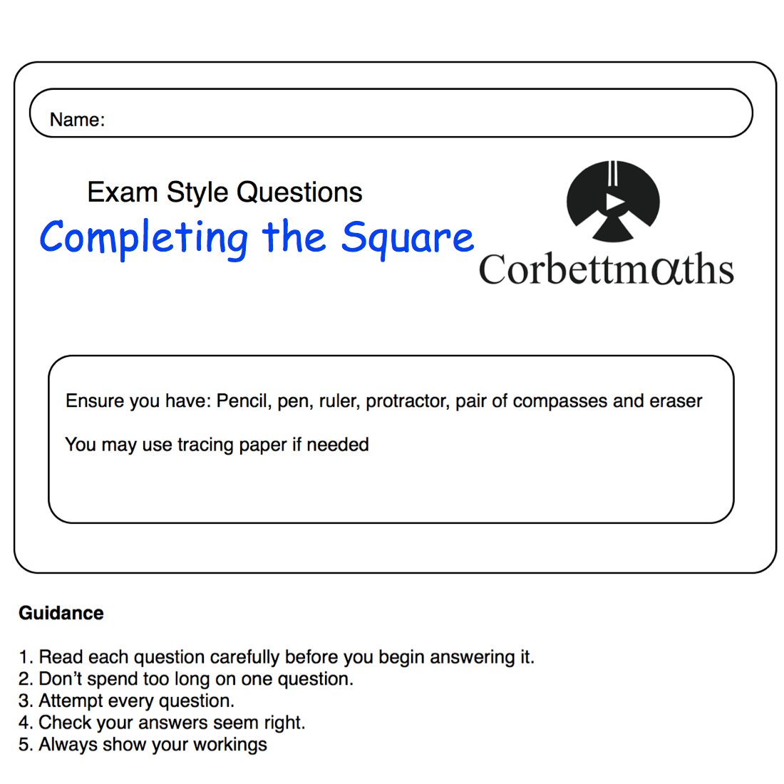 Free completing the square worksheet with answers, Download Free