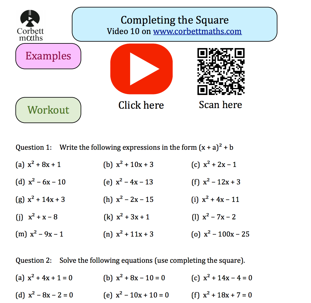 Completing the Square Textbook Exercise – Corbettmaths - Worksheets Library