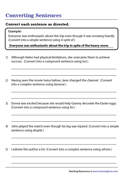 Converting Sentences Worksheet | Complex sentences, Compound ...