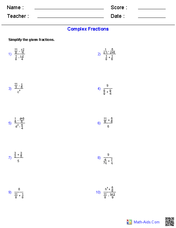 Complex Fractions Worksheets Simplifying algebraic expressions