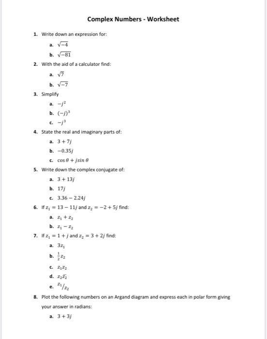 Solved Imaginary and Complex Numbers Worksheet Simplify | Chegg.com ...