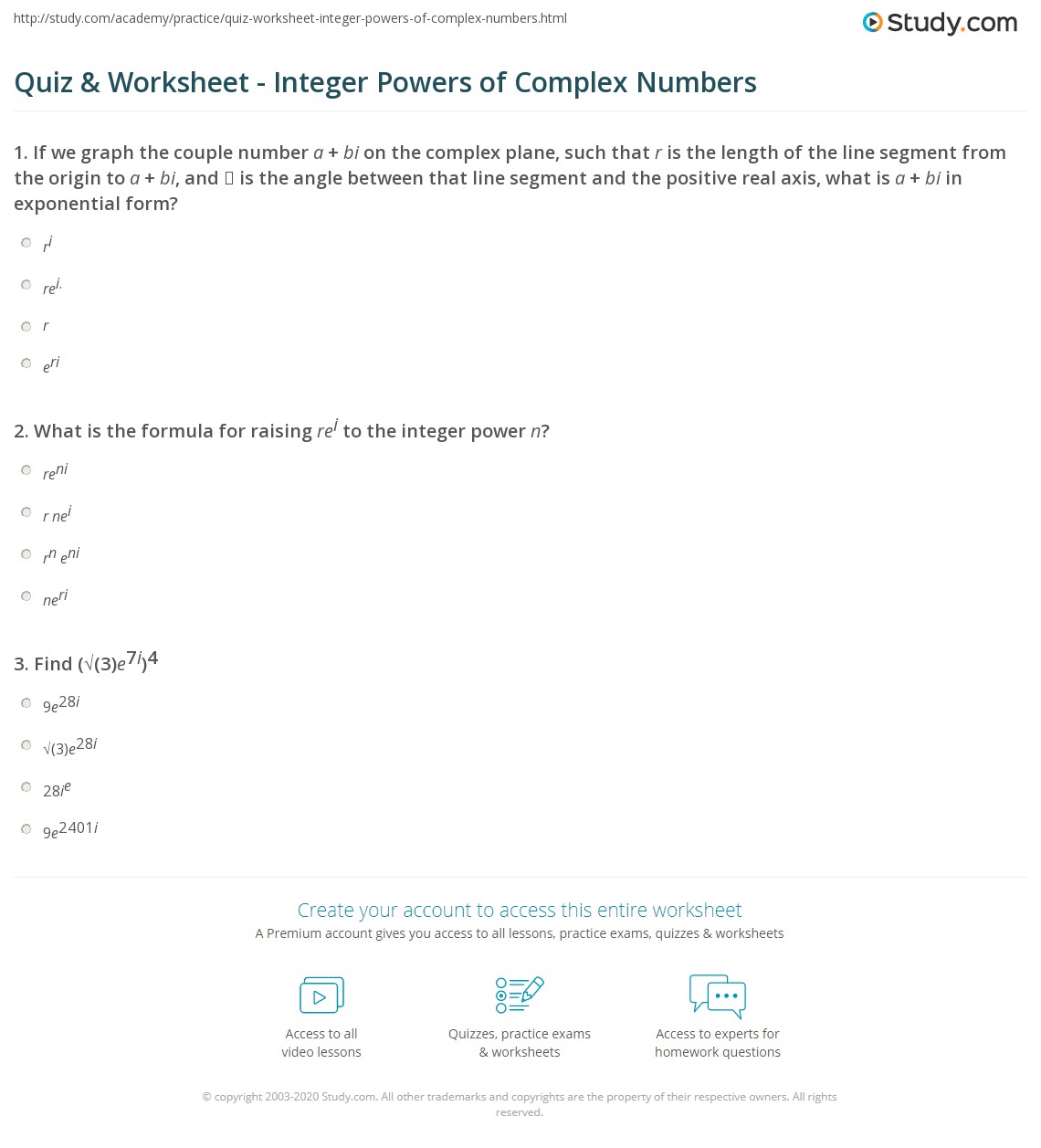Quiz & Worksheet - Integer Powers of Complex Numbers | Study.com