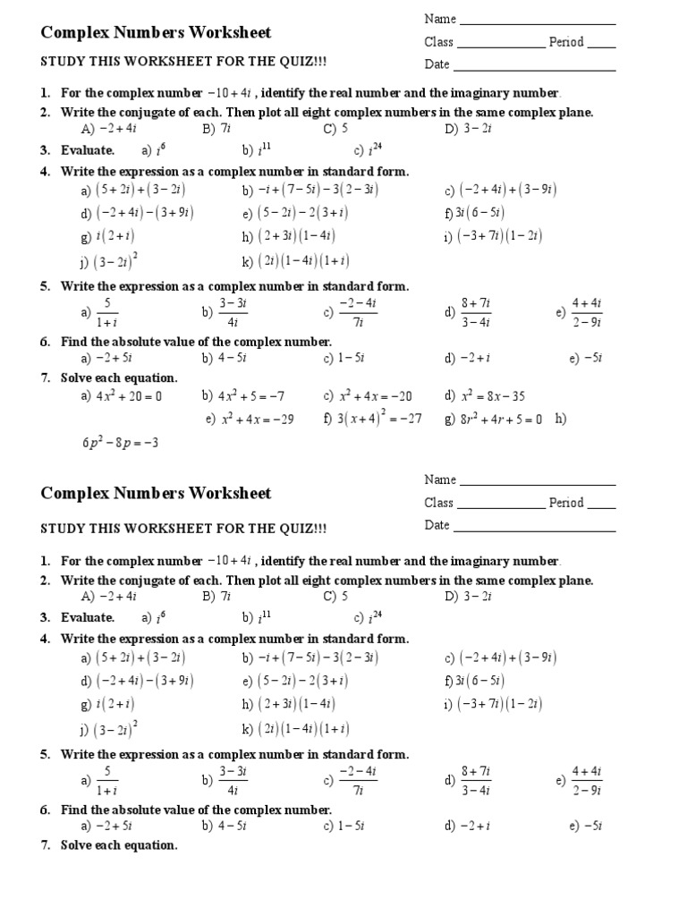complex numbers worksheet
