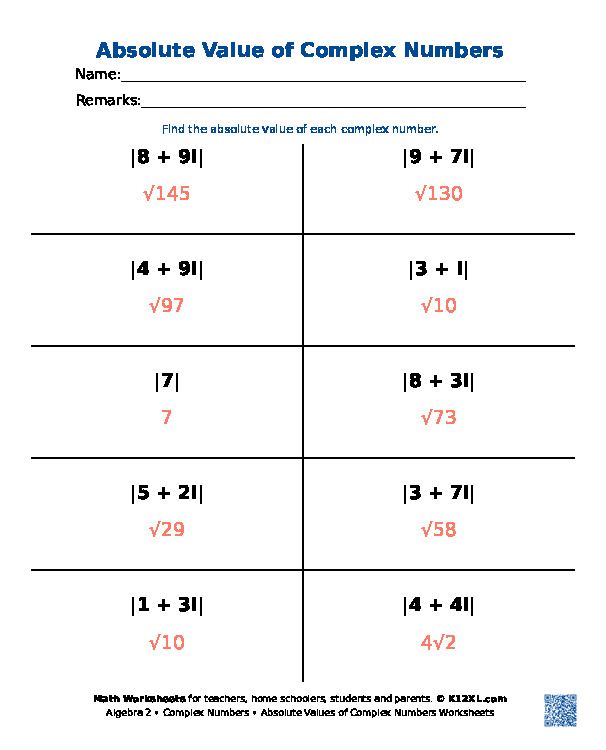 complex numbers worksheet