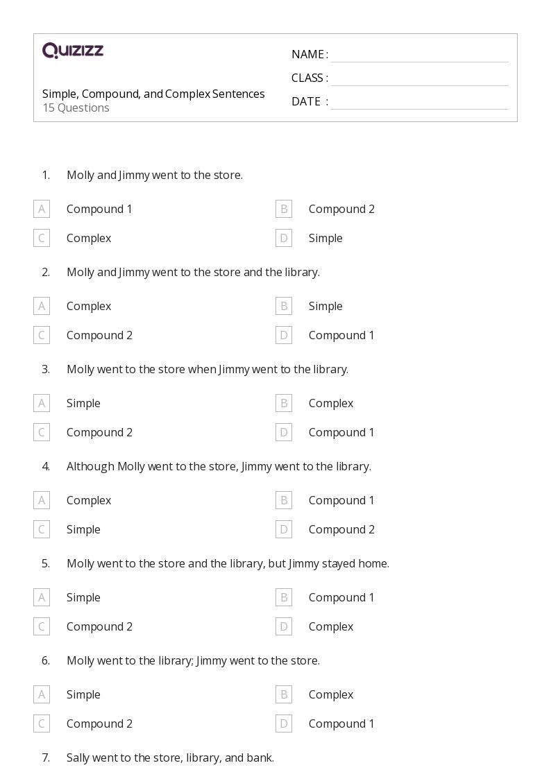50+ Simple, Compound, and Complex Sentences worksheets for 6th ...
