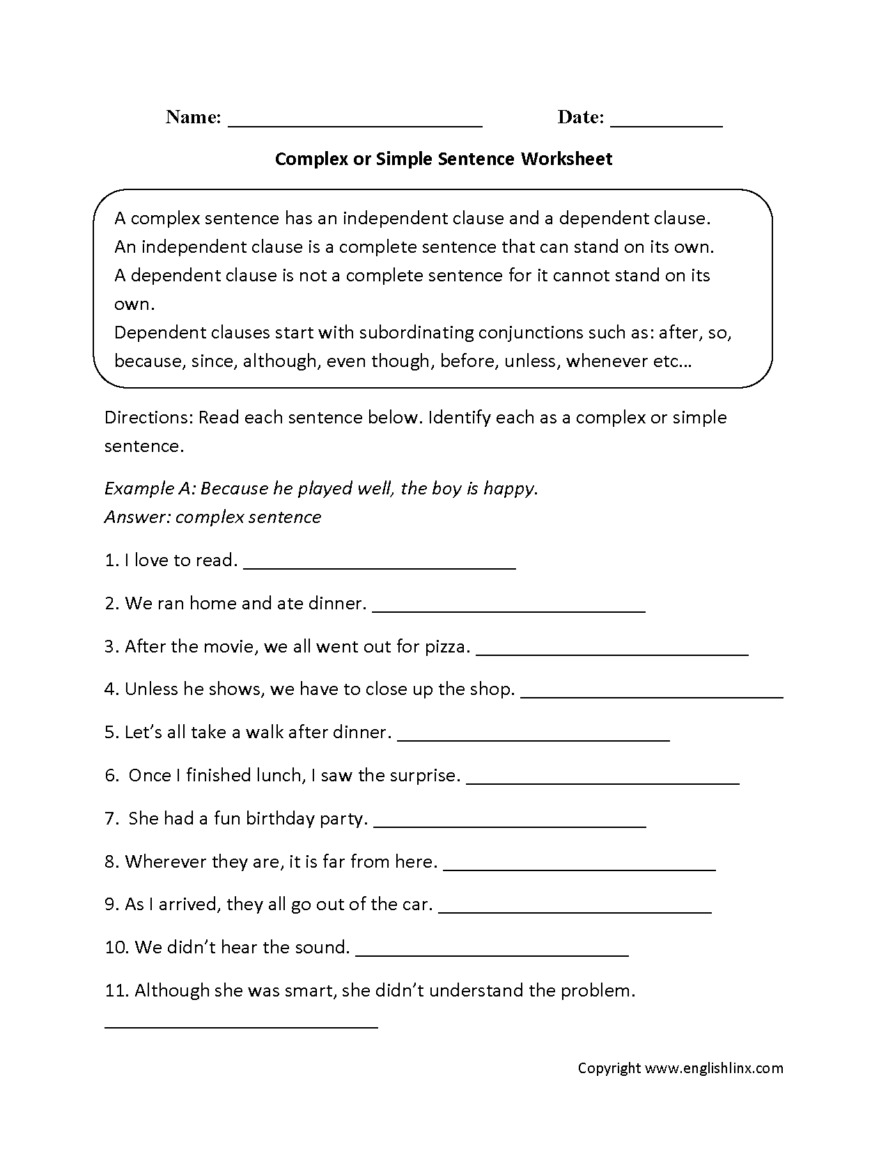 Complex Sentences Worksheets | Complex or Simple Sentences Worksheet