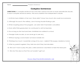 Complex Sentence Worksheets