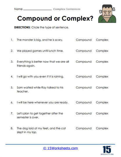 complex sentences worksheet 6th grade