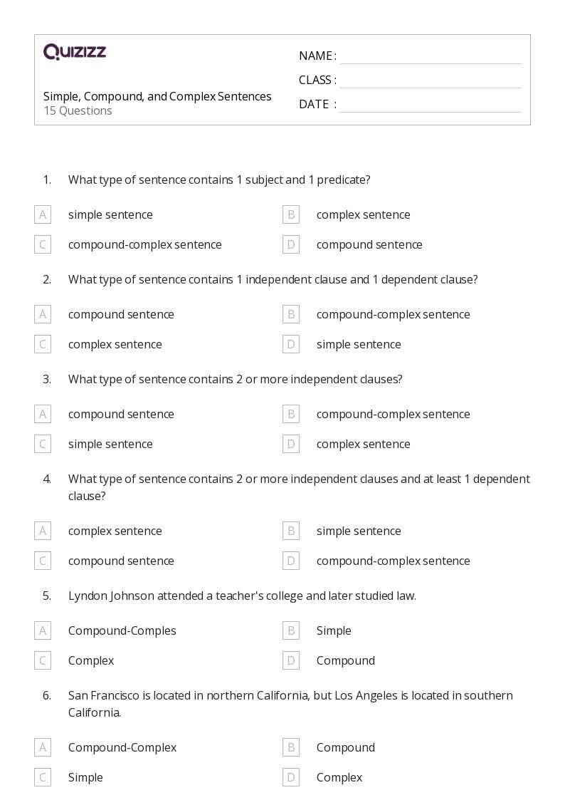 50+ Simple, Compound, and Complex Sentences worksheets for 8th ...